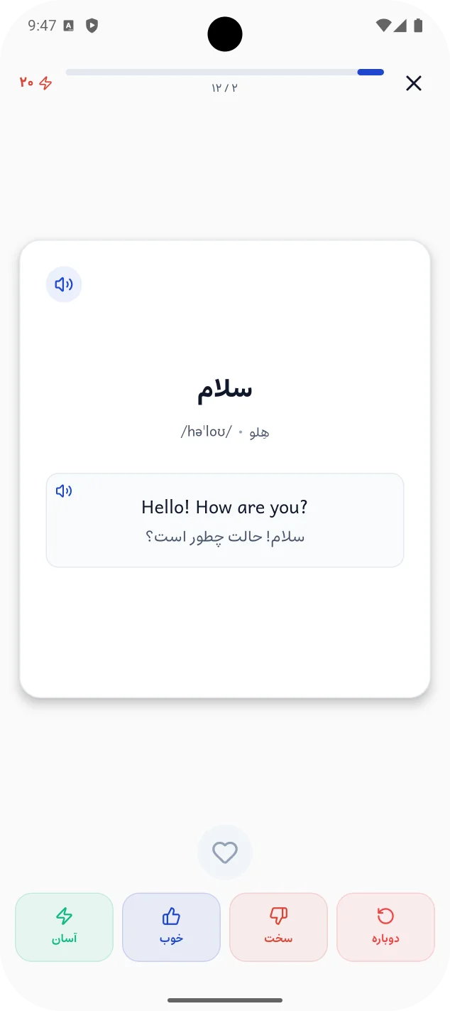 پشت فلشکارت با معنی سلام و جملهٔ مثال
